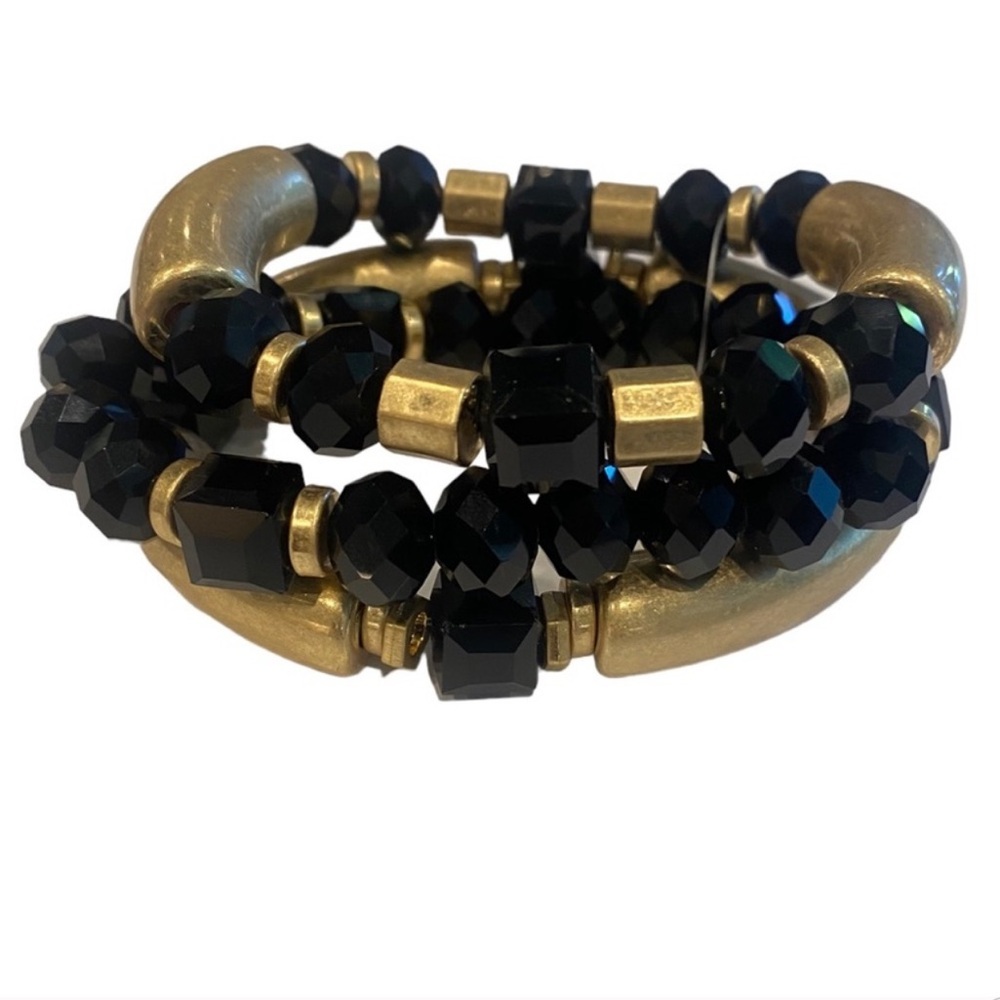 Three Strand Black and Gold Beaded Stretchy Bracelet Set.